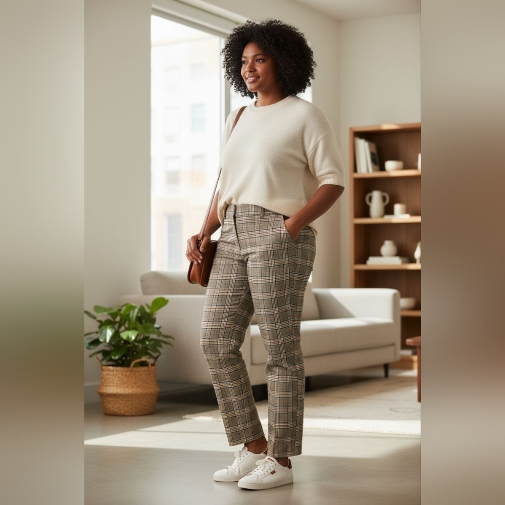 Talbots sz 16 hampshire ankle pants brown tan black white gingham fall WP242